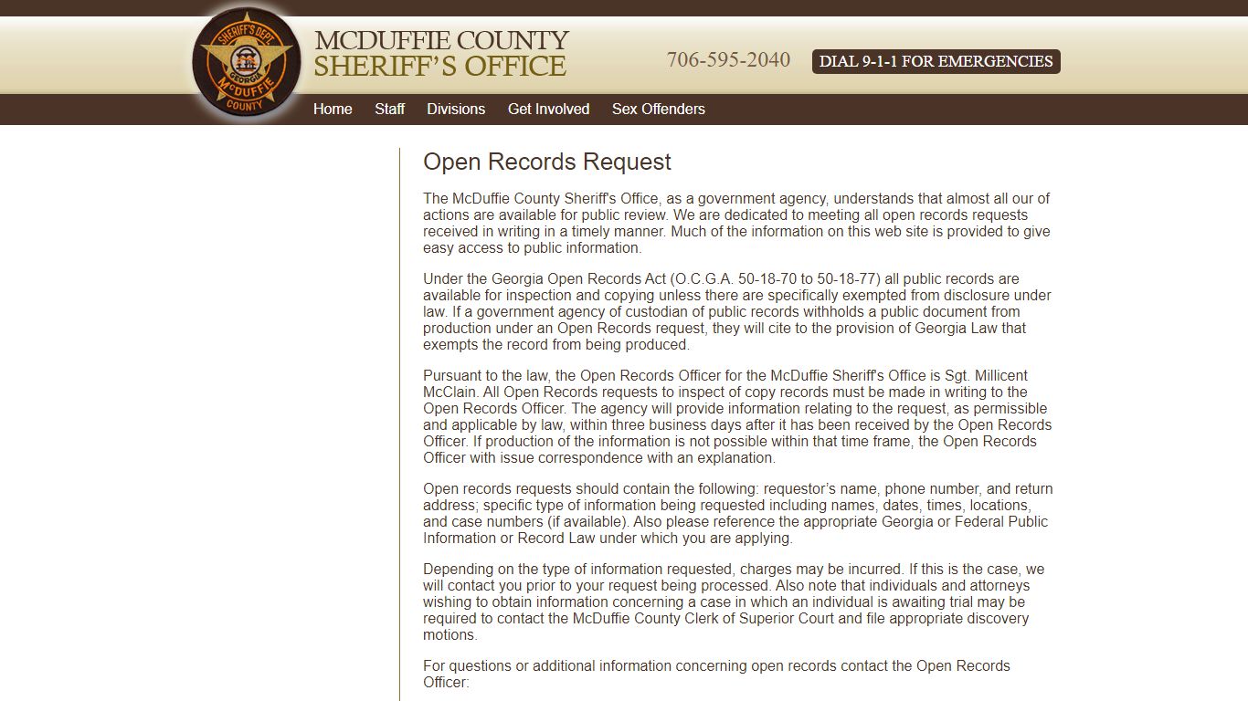 Open Records Request - McDuffie County Sheriffs Office